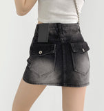 Hip-up Vintage Back Pocket Point Washing H-line Denim Skirt
