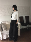 Peubit two-pin tuck banding cotton long wide pants