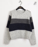 Wool Stripe Color Matching Button Round Long Sleeve Knitwear