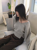 Bien off-shoulder two-way button open V-neck long-sleeved knitwear