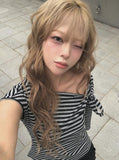 Scon Stripe Plain One-Shoulder Ribbon Short Sleeve T-Shirt