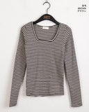Liren Stripe Slim Fit Round Crop Long Sleeve T-Shirt