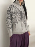 Nopel Vintage Butterfly Angora High Neck Long Sleeve Cardigan Zip Up