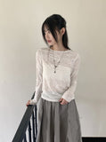 Pezzle See-Through Paisley Incision Split Cropped Long Sleeve T-Shirt