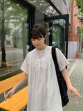 Derikeu Shirring Button Short Sleeve Long One Piece