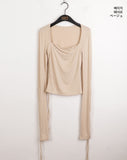 Pania Balletcore Shirring Pleated Strap Square Neck Crop Long Sleeve T-shirt