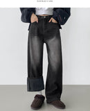 Winter Side Cut Fleece Brushed Wide Fit Denim Pants