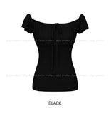 Noir Ribbon Shirred Cap Sleeve Short Sleeve