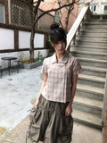 [MADE] Yuwa Round Collar Check Short Sleeve Blouse