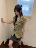 Blon V-Neck Shirring Pleated Puff Short Sleeve Blouse