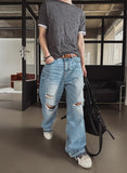 Piece Damaged Wide Denim Pants