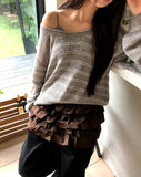 Curled Stripe Round Neck Loose Fit Long Sleeve Knit