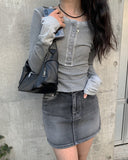 Alt Black Denim Washing Denim Mini Skirt
