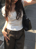 [Scarf set] Junku Lace Shirring Short Sleeve T-Shirt Set