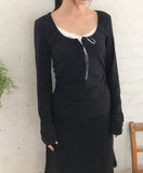Dew Lace Loose Fit Button Shirring Long Sleeve T-Shirt