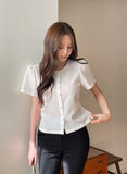 Nahen Round Neck Shirred Puff Blouse