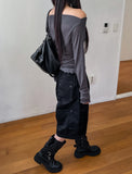 Ruffle see-through shirring drape long sleeve