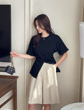 Duba Span Shirring Front Slit Short Sleeve T-shirt