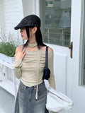[Scarf set]  Kenin Shirring Pleated Off-Shoulder Crop Long Sleeve T-shirt
