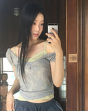 Kiha lace see-through puff crop short-sleeve T-shirt