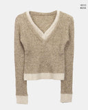 Lipin Color Matching V-Neck Slim Boucle Long Sleeve Knit