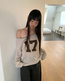 Elune Number Printed One-Off-Shoulder See-Through Long-Sleeve Knit