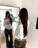 Burnoon American Flag Strap One Off Shoulder Long Sleeve Zip-up