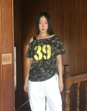Ray Camo Number Print Off Shoulder Shirring Short Sleeve T-Shirt