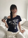 Nero Off-Neck Lettering Number Short Sleeve T-Shirt