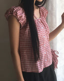 [Bag set] Rufus check cap sleeve shirring blouse