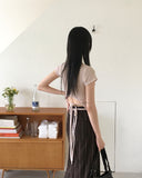 Celty Embossing Back Slit Strap U-Neck Short Sleeve T-shirt