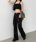 Waist Strap Low Waist Pocket Shirring Pin Tuck Wide Bootcut Pants