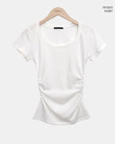 NER Deep U-Neck Round Side Shirred Short Sleeve T-Shirt