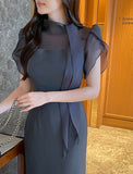 Jenia Tie Chiffon Tulip Sleeve Long One Piece
