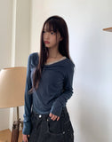 Hoobi Drape Shirring Lace Slim Fit Color Matching Long Sleeve T-shirt
