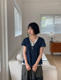 Cheatero Denim Layered Short Sleeve Blouse