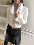 Kimme Collar Fur Ribbon String Long Sleeve Cardigan