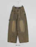 [unisex] Kotei banding string washing balloon wide denim pants