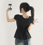 Balloon Soft Fit Ribbon Strap Short Sleeve Blouse
