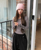 Delitte Stripe Unbalanced Shoulder Long Sleeve