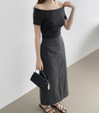 Stripe Span Off-shoulder Slim Fit Basic Length Short Sleeve T-shirt