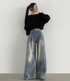 Big Two Pin Tuck Waist Adjustment Washing Maxi Wide Fit Hem Snap Denim Pants