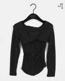 Tsupol Bokashi Collar Off-shoulder Button Brushed T-shirt