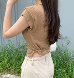 Punching Strap Ribbon Point Crop Short Sleeve Knit