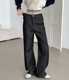 Raw autumn non-fade banding casual wide denim pants