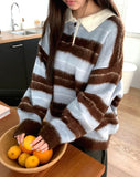 Here Color Matching Stripe Collar Neck Button Long Sleeve Knit