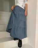 Murie Denim Tiered Button Long Skirt
