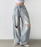 Destroyed Jeans Pleated Side Pin Tuck Balloon Wide Fit Pants