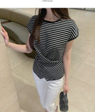 Side Button Wrap Drape Twist Shirring Short Sleeve Knit