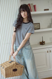 Falling Cat Stripe Crop Short Sleeve Tee
